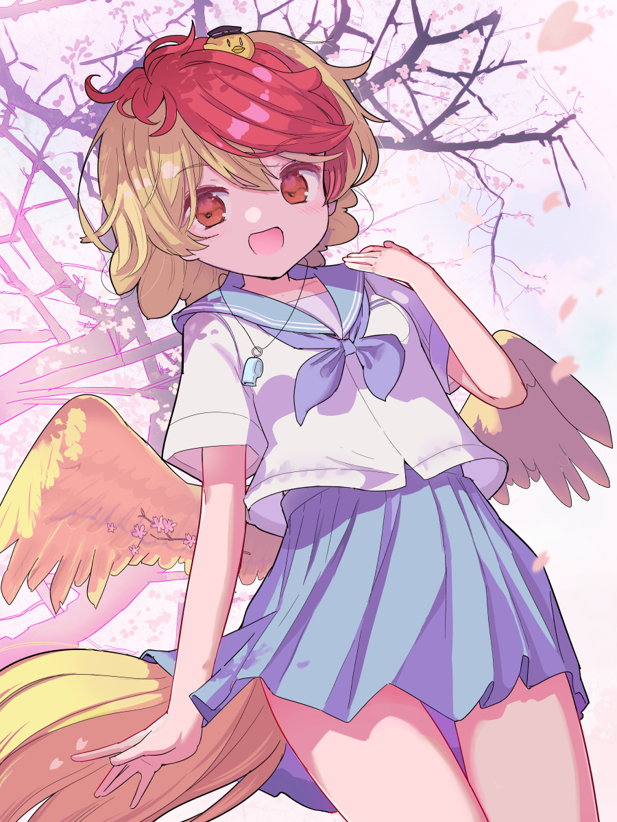 1girl animal animal_on_head bird bird_on_head bird_tail bird_wings blonde_hair blue_sailor_collar blue_skirt blush cherry_blossoms chick cowboy_shot feathered_wings highres multicolored_hair niwatari_kutaka on_head open_mouth petals pleated_skirt puuakachan red_eyes redhead sailor_collar school_uniform serafuku short_hair short_sleeves skirt smile solo tail touhou two-tone_hair whistle whistle_around_neck wings yellow_wings