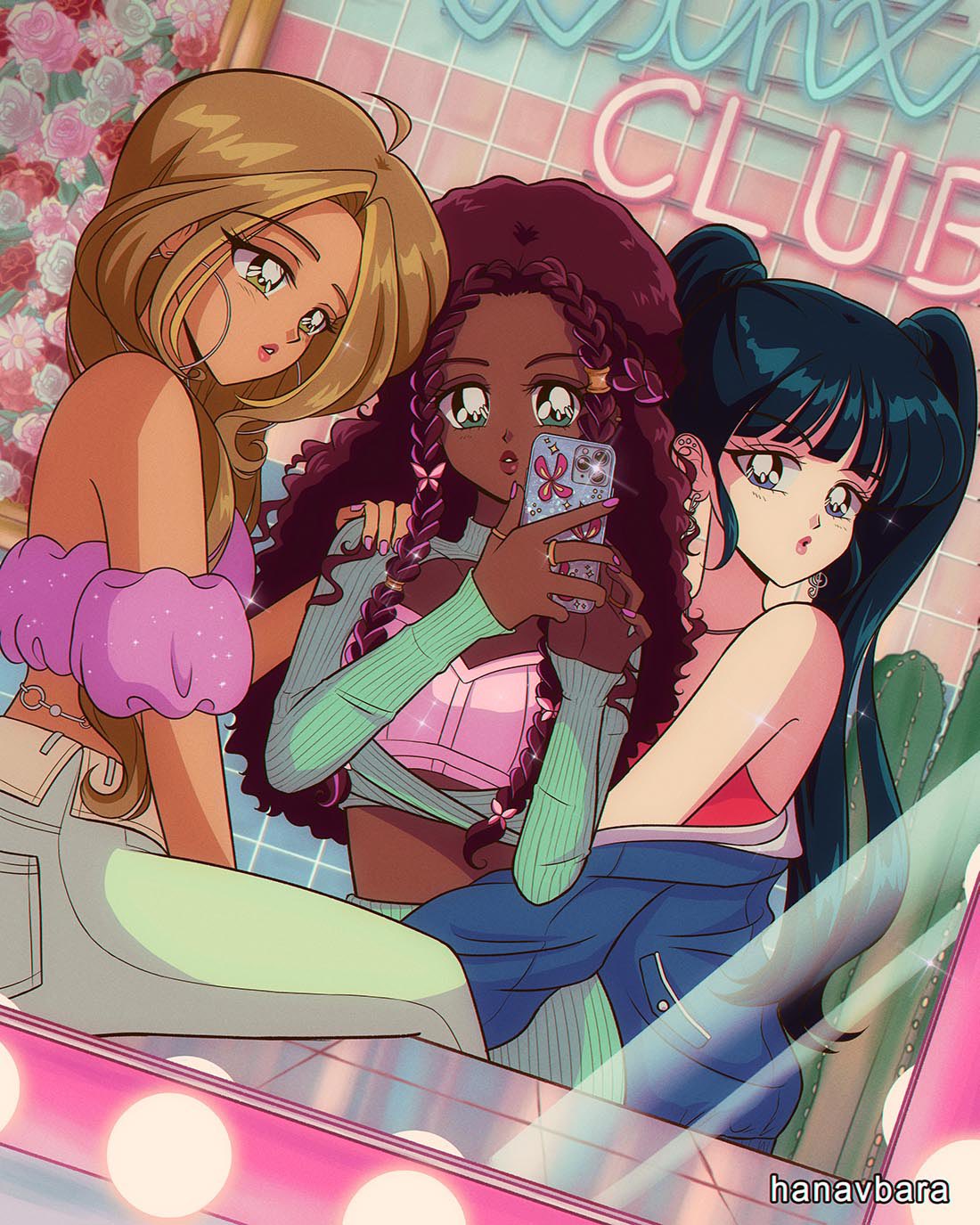 1990s_(style) 3girls bare_shoulders black_hair blue_eyes brown_hair cellphone dark-skinned_female dark_skin earrings flora_(winx_club) green_eyes gyaru hanavbara highres holding holding_phone hoop_earrings jewelry layla_(winx_club) light_brown_hair long_hair multiple_girls musa_(winx_club) off_shoulder open_mouth parted_lips phone pink_nails pink_sleeves retro_artstyle smartphone twintails winx_club