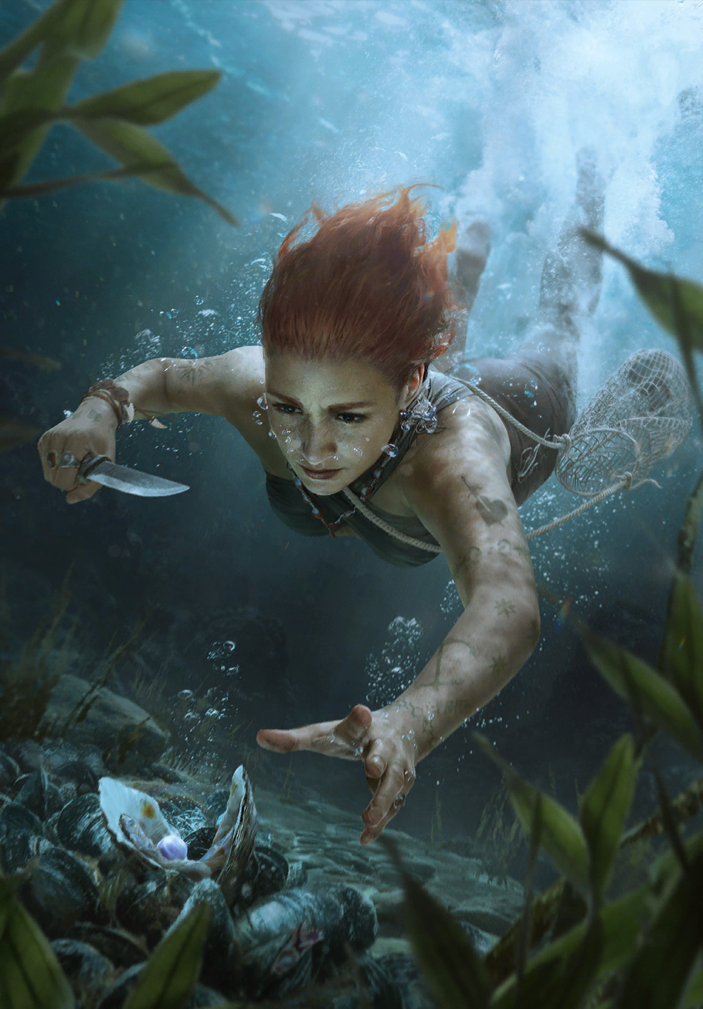 1girl air_bubble bracelet bubble clam_shell game_cg gem gwent_(game) highres holding holding_knife holding_weapon jewelry knife non-web_source official_art orange_hair pearl_(gemstone) ring seaweed the_witcher_(series) underwater weapon