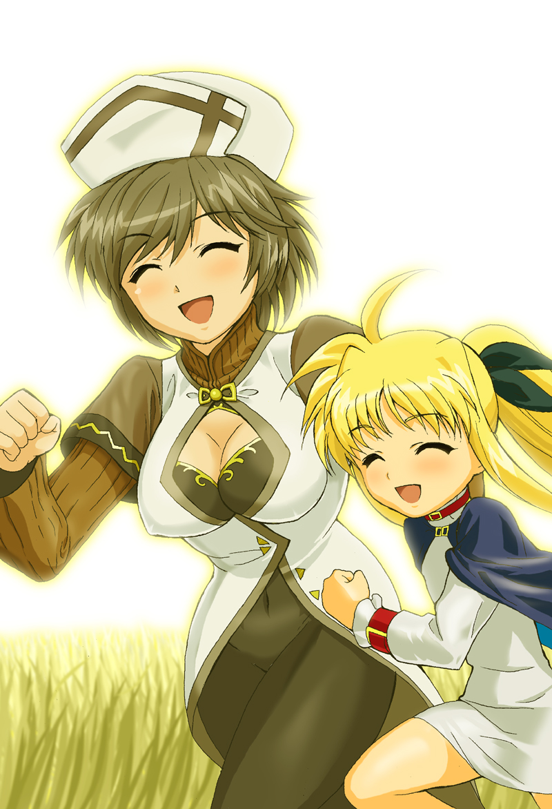 2girls :d ^_^ age_difference ahoge bangs blush breasts cape child cleavage cleavage_cutout clenched_hand closed_eyes collar dress erect_nipples fate_testarossa field flat_chest g-tetsu grey_hair hair_ribbon happy hat large_breasts leg_lift linith long_hair mahou_shoujo_lyrical_nanoha mahou_shoujo_lyrical_nanoha_a's multiple_girls navel open_mouth outdoors payot profile ribbon running short_dress short_hair skin_tight smile sweater swept_bangs thighs turtleneck twintails unitard wristband