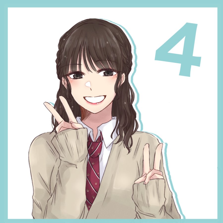 1girl :d aqua_border braid brown_eyes brown_hair collared_shirt commentary countdown diagonal-striped_necktie double_v grin hands_up ishii_haruna light_blush long_sleeves looking_at_viewer medium_hair mole mole_under_eye necktie nigari_(ngari_0115) real_life red_necktie school_uniform shirt simple_background sleeves_past_wrists smile solo twin_braids v voice_actor white_background white_shirt