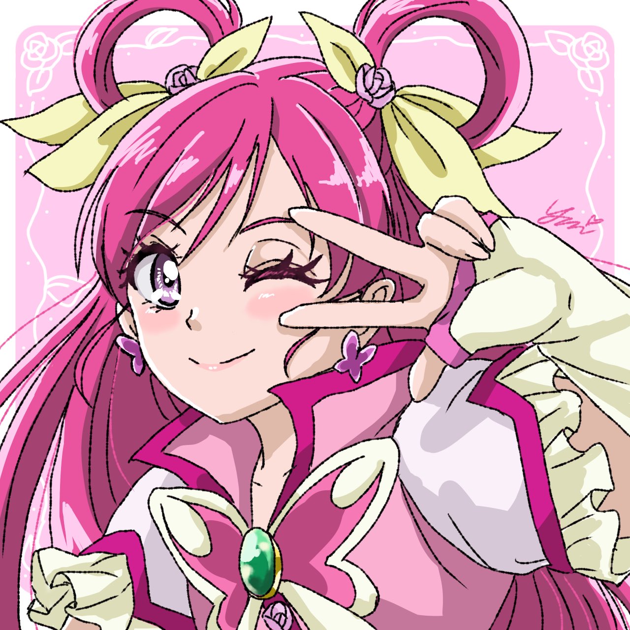 1girl butterfly_brooch butterfly_earrings commentary cure_dream earrings hair_rings highres jewelry long_hair magical_girl one_eye_closed pink_hair precure smile v_over_eye violet_eyes yes!_precure_5 yes!_precure_5_gogo! yui_u86 yumehara_nozomi