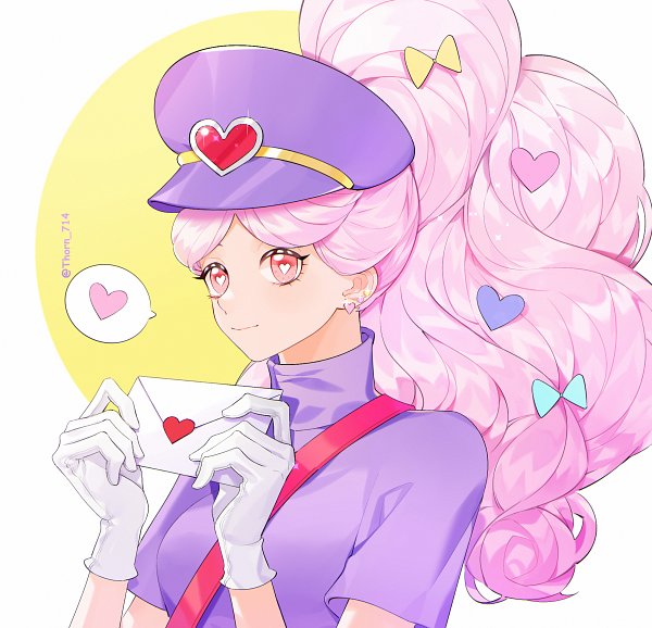 1girl artist_request cookie_run cotton_candy_cookie curly_hair envelope heart holding holding_envelope humanization long_hair non-web_source parted_bangs personification pink_hair purple_hair purple_shirt shirt short_sleeves solo source_request sparkle very_long_hair wavy_hair