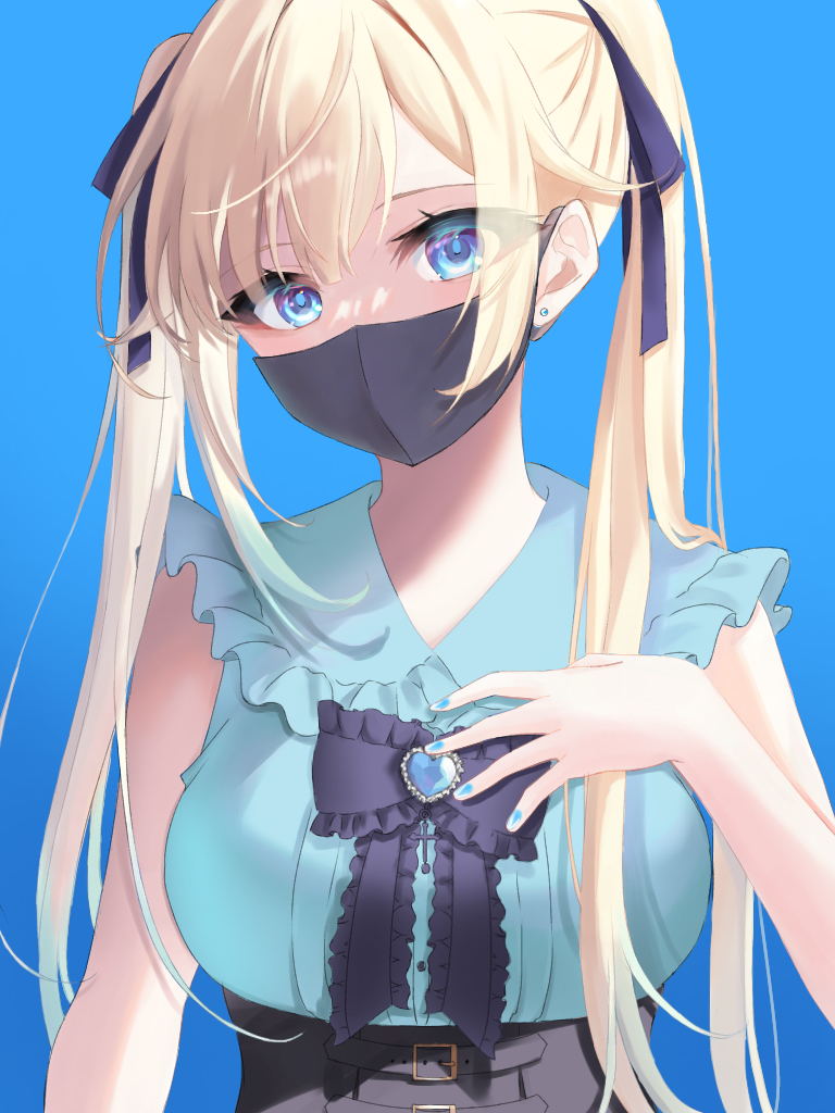1girl aizawa_ema bare_shoulders black_bow black_mask black_skirt blonde_hair blue_background blue_eyes blue_hair blue_nails blue_ribbon blue_shirt bow breasts earrings frilled_bow frilled_shirt frills gem gradient_hair hair_ribbon hand_on_own_chest head_tilt high-waist_skirt jewelry jirai_kei large_breasts light_blue_hair long_hair looking_at_viewer mask mouth_mask multicolored_hair nobuko_miele ribbon shirt skirt sleeveless sleeveless_shirt solo stud_earrings twintails upper_body very_long_hair virtual_youtuber vspo!