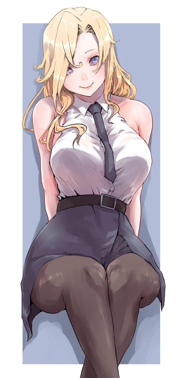 belt belt_buckle black_belt black_necktie black_pantyhose black_skirt blonde_hair blue_background border breasts buckle dress_shirt grey_eyes highres hornet_(kancolle) kantai_collection large_breasts n-mori necktie pantyhose pencil_skirt shirt skirt sleeveless sleeveless_shirt white_border white_shirt