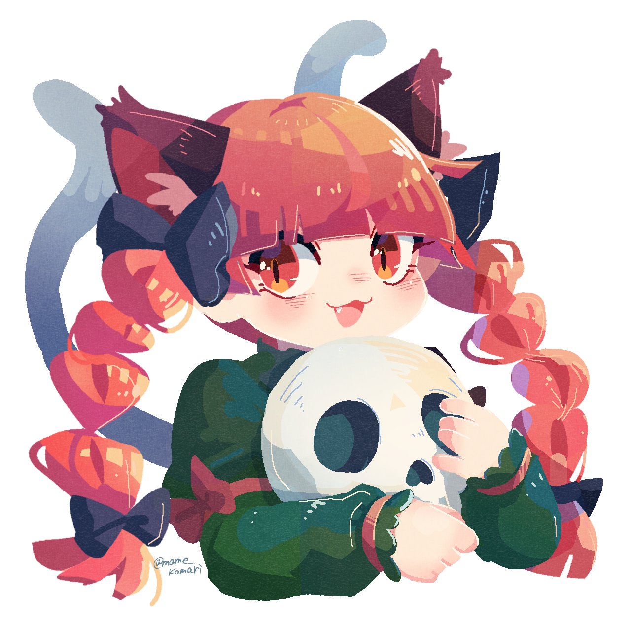 1girl :3 :d animal_ears black_ribbon blunt_bangs braid cat_ears cat_girl cat_tail commentary_request cropped_torso fang green_skirt highres holding holding_skull kaenbyou_rin long_hair long_sleeves looking_at_viewer mame_komari multiple_tails open_mouth red_eyes redhead ribbon simple_background skirt skull slit_pupils smile solo tail touhou twin_braids twitter_username two_tails white_background