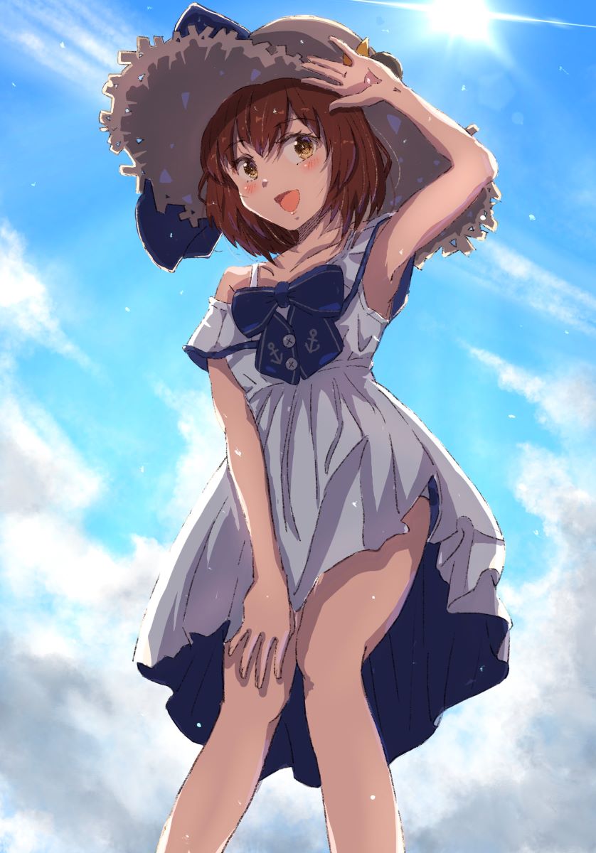 1girl blue_sky brown_eyes brown_hair clouds commentary_request day dress feet_out_of_frame hand_on_own_knee hat highres kantai_collection ld_(luna_dial398) official_alternate_costume outdoors short_hair sky smile solo straw_hat sun_hat sundress white_dress yukikaze_(kancolle)