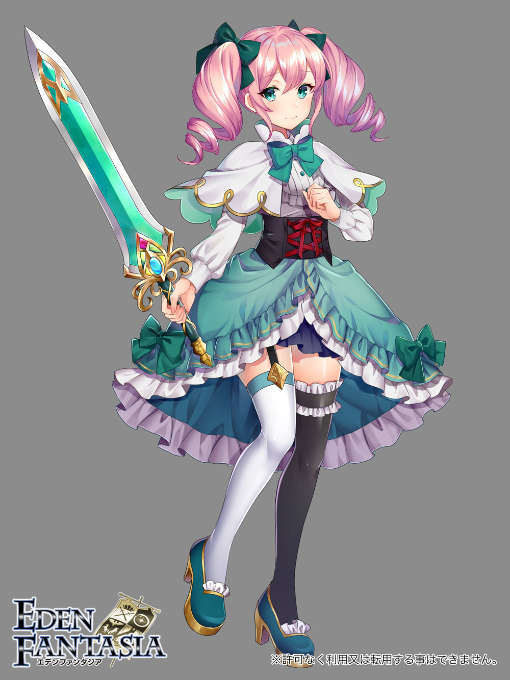 1girl asyde black_corset blue_eyes bow capelet commentary_request corset drill_hair eden_fantasia full_body green_bow green_footwear hair_bow haruyuki_14 highres holding holding_sword holding_weapon lydia_(eden_fantasia) official_art pink_hair smile solo sword twin_drills weapon white_capelet