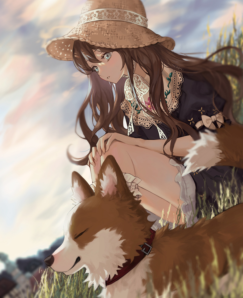 1girl blue_eyes blue_skirt blue_sky brown_hair building clouds day dog grass hat long_hair original oto1_030 outdoors parted_lips shirt sitting skirt sky solo straw_hat sun_hat