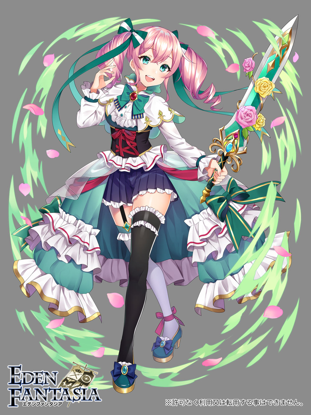 1girl ankle_ribbon asymmetrical_legwear black_corset blue_eyes blue_skirt bow bowtie capelet commentary_request corset drill_hair eden_fantasia flower green_bow green_bowtie haruyuki_14 highres holding holding_sword holding_weapon leg_ribbon long_hair lydia_(eden_fantasia) official_art open_mouth pink_flower pink_hair pleated_skirt ribbon skirt smile solo sword twin_drills weapon white_capelet yellow_flower