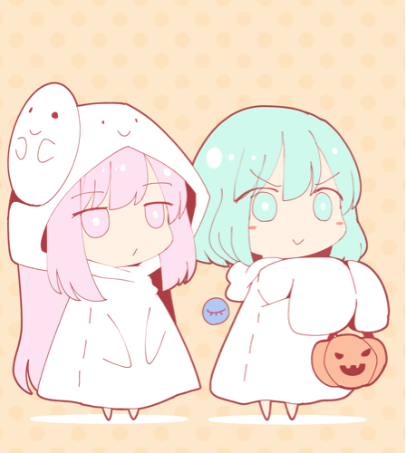 ._. 2girls :&gt; :/ animated animated_gif aqua_eyes aqua_hair blush_stickers bright_pupils chibi closed_mouth expressionless eyeball flat_color full_body ghost_costume halloween halloween_bucket halloween_costume hata_no_kokoro holding hood hood_down hood_up jack-o'-lantern komeiji_koishi light_green_hair long_hair long_sleeves looking_ahead looping_animation lowres mask mask_on_head multiple_girls no_nose orange_background pink_eyes pink_hair polka_dot polka_dot_background short_hair side-by-side sidelocks sleeves_past_fingers sleeves_past_wrists smile sparkle standing third_eye touhou trick-or-treating v-shaped_eyebrows white_hood white_pupils wide_sleeves you_(noanoamoemoe)