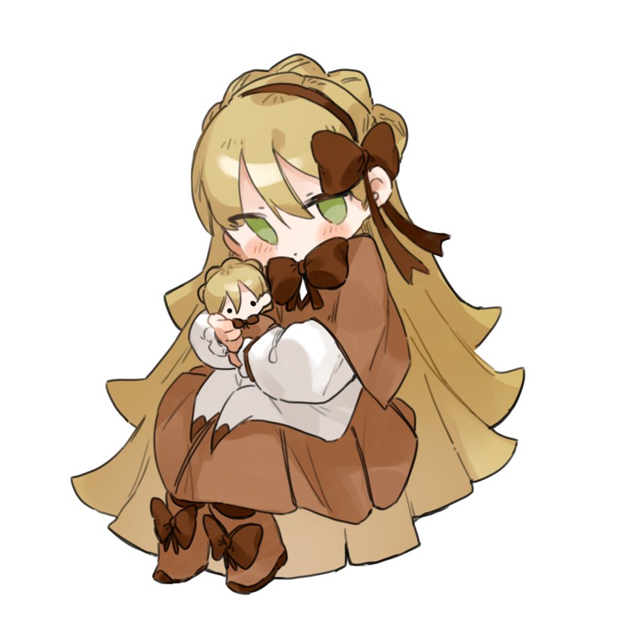 1girl blonde_hair boots braid brown_capelet brown_footwear brown_hairband brown_ribbon brown_skirt capelet character_doll chibi closed_mouth commentary_request crown_braid footwear_ribbon green_eyes hair_ribbon hairband invisible_chair lobotomy_corporation long_hair long_sleeves neck_ribbon no_nose no_sclera nonga pleated_skirt project_moon ribbon shirt simple_background sitting skirt tiphereth_a_(project_moon) tiphereth_b_(project_moon) very_long_hair white_background white_shirt