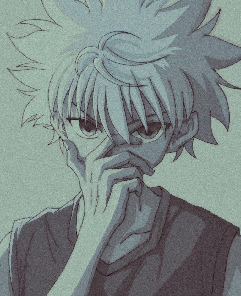 1boy blue_eyes closed_mouth empty_eyes enoki_(gongindon) hand_on_own_face hunter_x_hunter killua_zoldyck looking_at_viewer male_child male_focus official_style short_hair simple_background sleeveless solo spiky_hair thinking upper_body white_hair