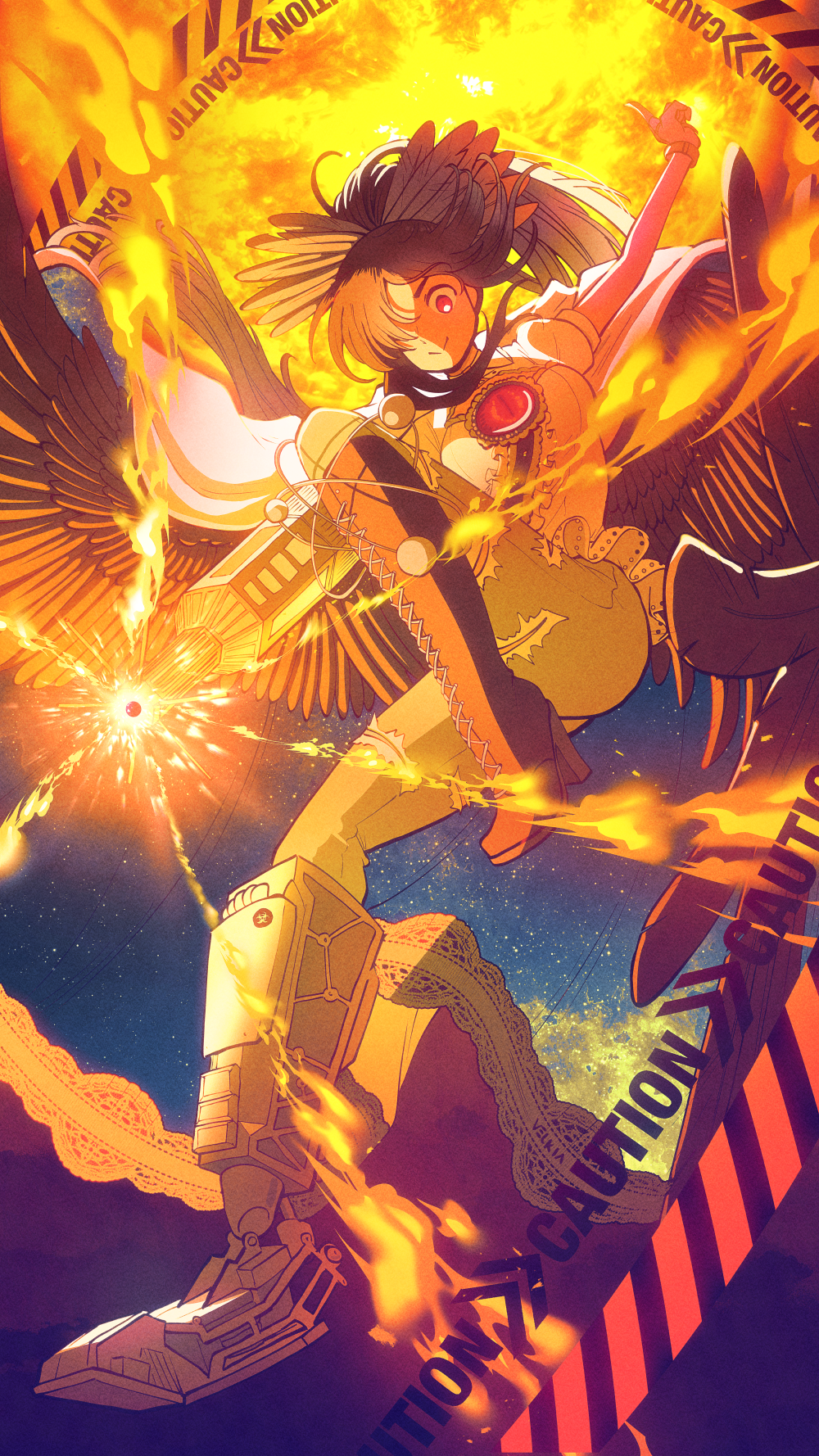 1girl arm_cannon boots brown_hair energy feathered_wings hair_over_one_eye highres long_hair mechanical_foot pants red_eyes reiuji_utsuho shirt short_sleeves sign smile solo third_eye torn_clothes torn_pants touhou velkia warning_sign weapon white_shirt wings