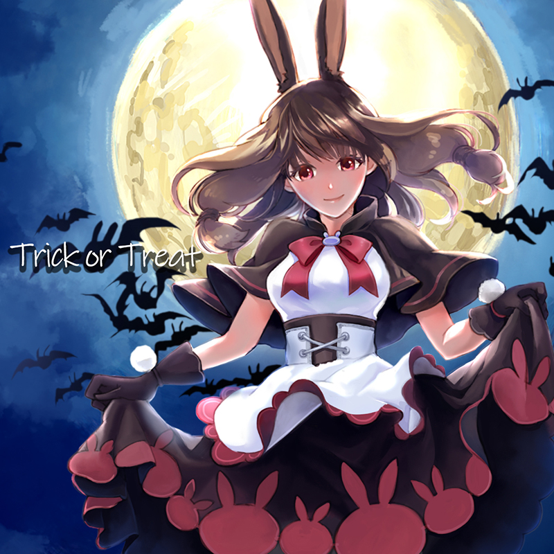 1girl animal_print bat_(animal) bow bowtie breasts brown_capelet brown_gloves brown_hair brown_skirt capelet closed_mouth commentary_request curtsey dress feet_out_of_frame full_moon gloves gobaku_no_hito halloween long_hair looking_at_viewer medium_breasts moon print_skirt rabbit_print ragnarok_masters ragnarok_online red_bow red_bowtie red_eyes skirt smile solo trick_or_treat white_dress