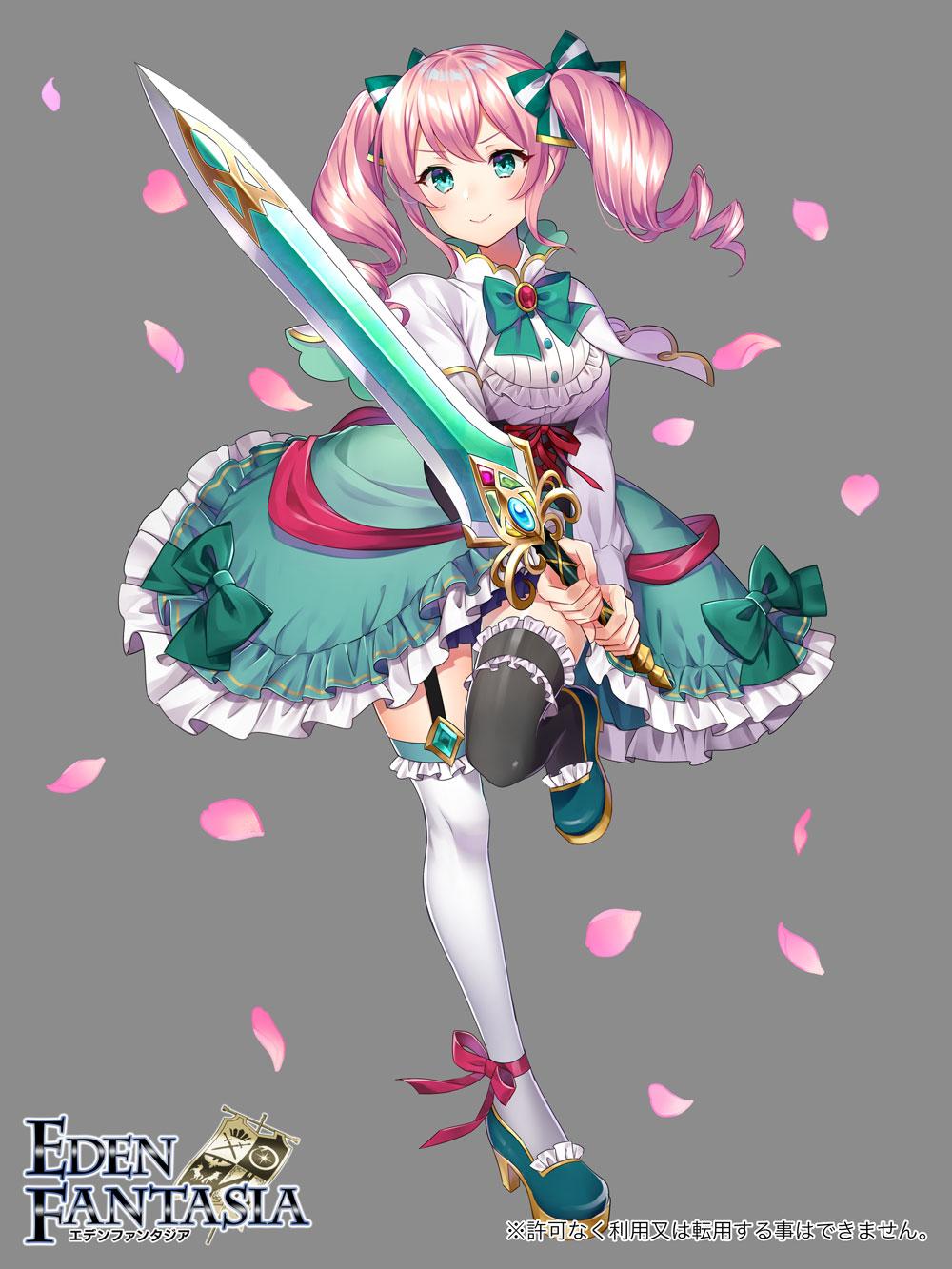 1girl ankle_ribbon asymmetrical_legwear blue_eyes bow capelet commentary_request drill_hair eden_fantasia green_bow green_skirt haruyuki_14 highres holding holding_sword holding_weapon leg_ribbon long_hair lydia_(eden_fantasia) official_art petals pink_hair ribbon skirt smile solo standing standing_on_one_leg sword twin_drills weapon white_capelet