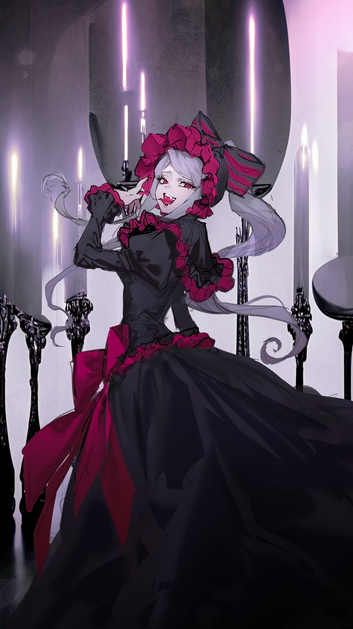 1girl bonnet bow candle candlestand dress fangs gothic_lolita grey_hair hair_bow hand_up highres lolita_fashion long_sleeves nanase_miri open_mouth overlord_(maruyama) pale_skin ponytail shalltear_bloodfallen sidelocks slit_pupils solo tongue tongue_out vampire violet_eyes