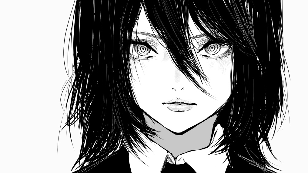 1girl black_hair chainsaw_man greyscale hair_between_eyes inoitoh looking_at_viewer monochrome nayuta_(chainsaw_man) ringed_eyes short_hair simple_background solo white_background