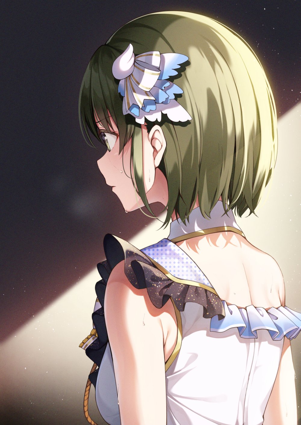 1girl back bare_shoulders blush dress exhausted frilled_dress frills from_behind green_eyes green_hair hair_ornament heavy_breathing highres idolmaster idolmaster_shiny_colors looking_at_another nanakusa_nichika short_hair short_sleeves simple_background solo sweat two-tone_background white_dress yuuri_nayuta