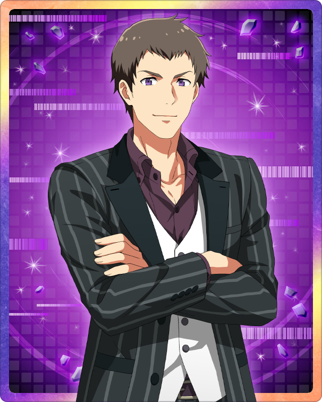 1boy brown_hair buttons collared_shirt crossed_arms fingernails idolmaster idolmaster_side-m idolmaster_side-m_growing_stars long_sleeves looking_at_viewer male_focus official_art shingen_seiji shirt smile solo v-shaped_eyebrows violet_eyes