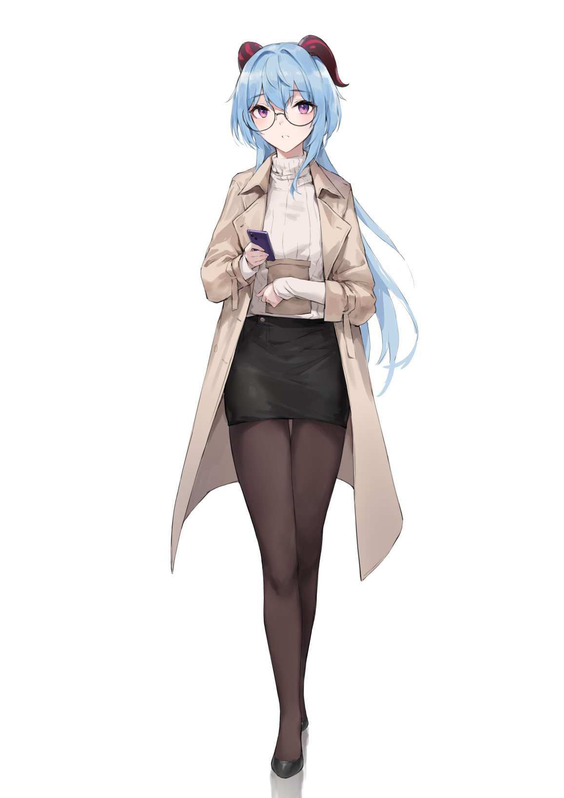 1girl ahoge black_pantyhose black_skirt blue_hair bow brown_coat coat full_body ganyu_(genshin_impact) genshin_impact glasses high_heels highres horns long_hair looking_at_viewer pantyhose phone sidelocks skirt solo standing sweater violet_eyes white_background zen_juraku