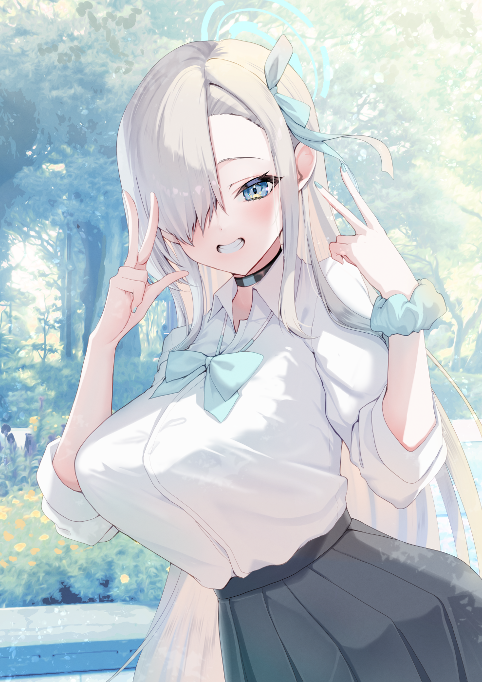 1girl asuna_(blue_archive) ayuma_sayu black_choker black_skirt blue_archive blue_eyes blue_nails blue_ribbon blue_scrunchie blush breasts choker day double_v hair_over_one_eye hair_ribbon halo highres large_breasts long_hair looking_at_viewer mechanical_halo outdoors pleated_skirt ribbon scrunchie shirt skirt smile solo standing straight_hair v white_shirt