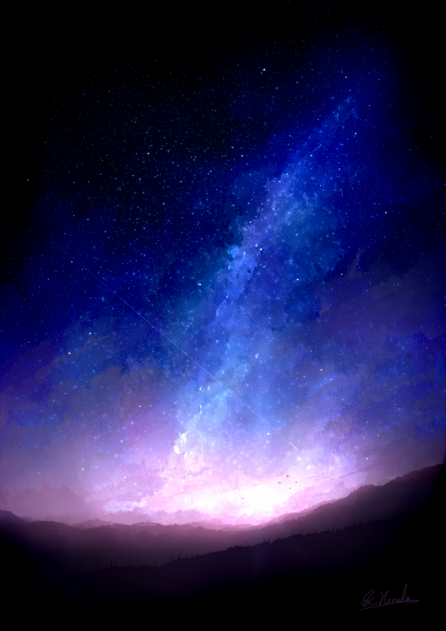 alu.m_(alpcmas) blue_sky gradient_sky highres mountain night night_sky no_humans original outdoors purple_sky scenery signature sky star_(sky) starry_sky sunset