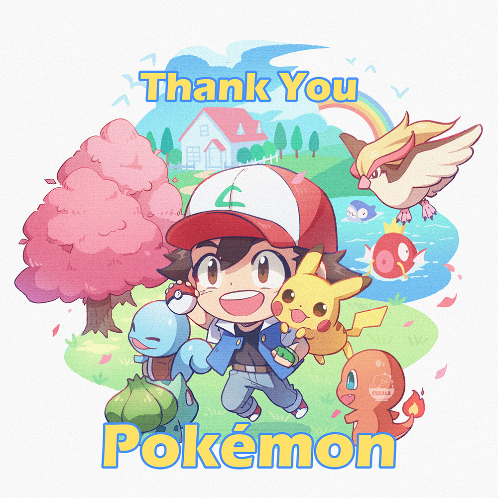 1boy :d arm_up artist_name ash_ketchum baseball_cap belt black_shirt blue_jacket blue_pants blue_sky brown_belt brown_eyes brown_hair bulbasaur character_request charmander cherry_blossoms chibi clouds commentary copyright_name day english_commentary falling_petals fence fingerless_gloves gloves grass green_gloves hat holding holding_poke_ball house jacket looking_at_viewer magikarp open_clothes open_jacket open_mouth pants petals pidgeot pikachu poke_ball poke_ball_(basic) pokemon pokemon_(anime) pokemon_(creature) rainbow red_footwear red_headwear shirt shoes short_hair short_sleeves simple_background sky smile squirtle starter_pokemon_trio teeth thank_you tree upper_teeth_only water watermark white_background white_headwear white_jacket zoe_(killyou80)