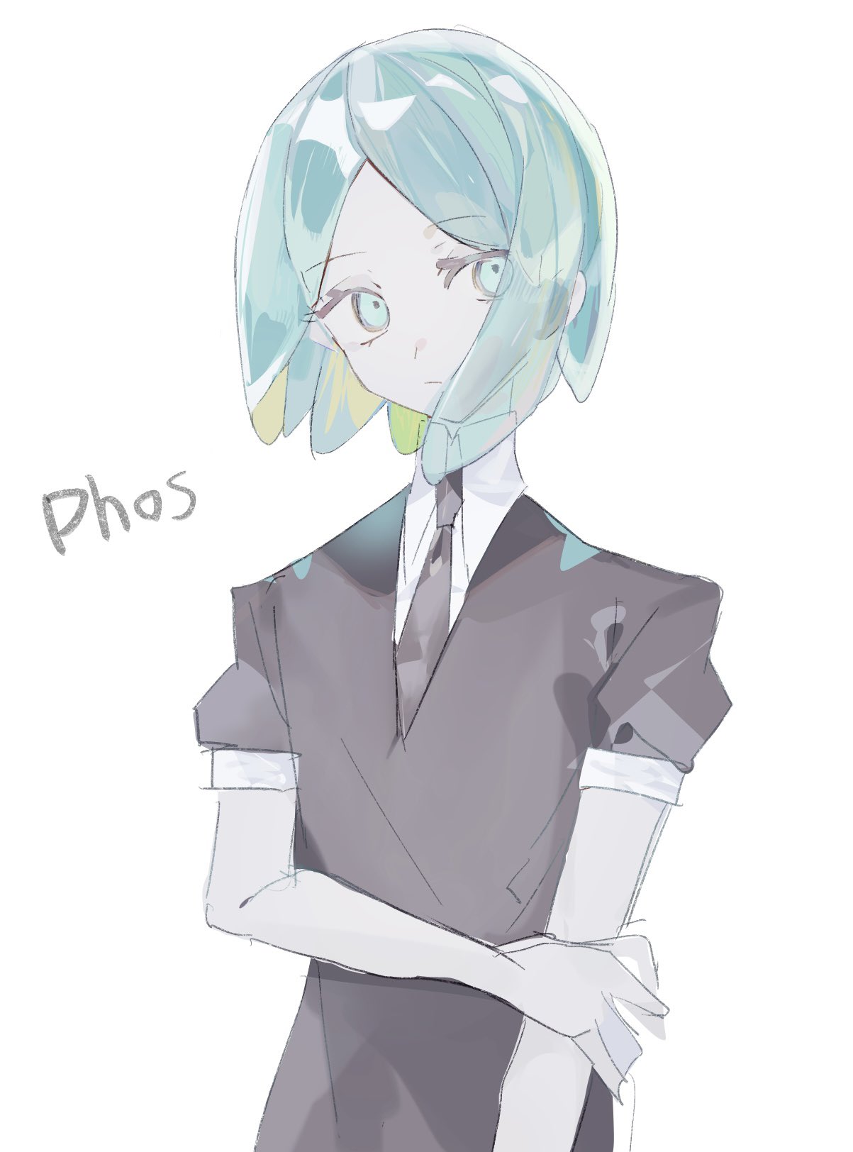 1other androgynous aqua_eyes aqua_hair black_shirt collared_shirt colored_skin crystal_hair gem_uniform_(houseki_no_kuni) glowing glowing_hair high_collar highres houseki_no_kuni necktie other_focus parted_bangs phosphophyllite puffy_short_sleeves puffy_sleeves shirt short_hair short_sleeves simple_background sleeve_cuffs solo translucent_hair tsukikaze_aki white_background white_skin wing_collar