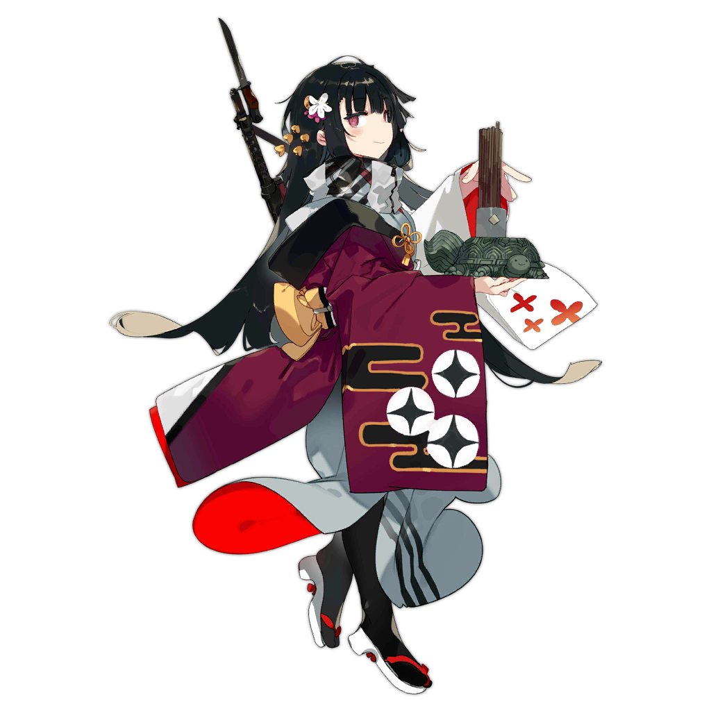 1girl bayonet black_hair black_pantyhose c: clothing_request flower flower_request full_body geta girls_frontline gun gun_on_back hair_flower hair_ornament holding japanese_clothes karei kimono long_hair looking_at_viewer looking_to_the_side official_alternate_costume official_art omikuji pantyhose red_eyes red_kimono simple_background smile solo standing statue submachine_gun transparent_background turtle type_100 type_100_(girls'_frontline) type_100_(kagura_in_black)_(girls'_frontline) very_long_hair weapon weapon_on_back white_footwear white_kimono zipper