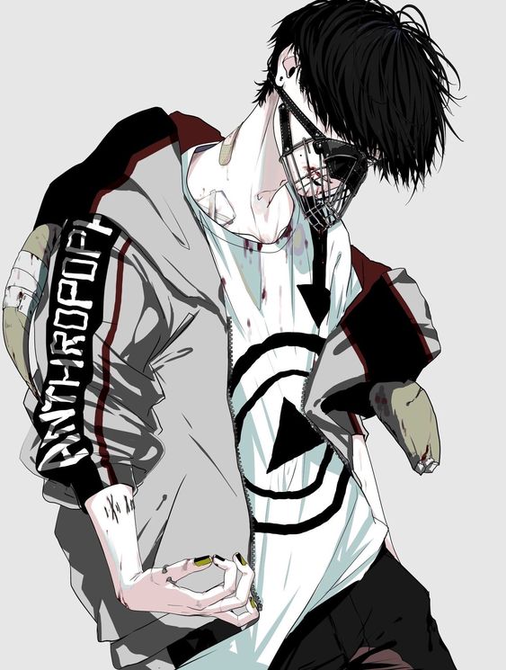 1boy artist_request bandaid black_hair blood blood_on_clothes character_request copyright_request cowboy_shot earrings grey_background hair_over_eyes jacket jewelry looking_at_viewer muzzle nail_polish non-web_source open_clothes open_jacket shirt short_hair solo source_request sweater t-shirt tattoo white_shirt