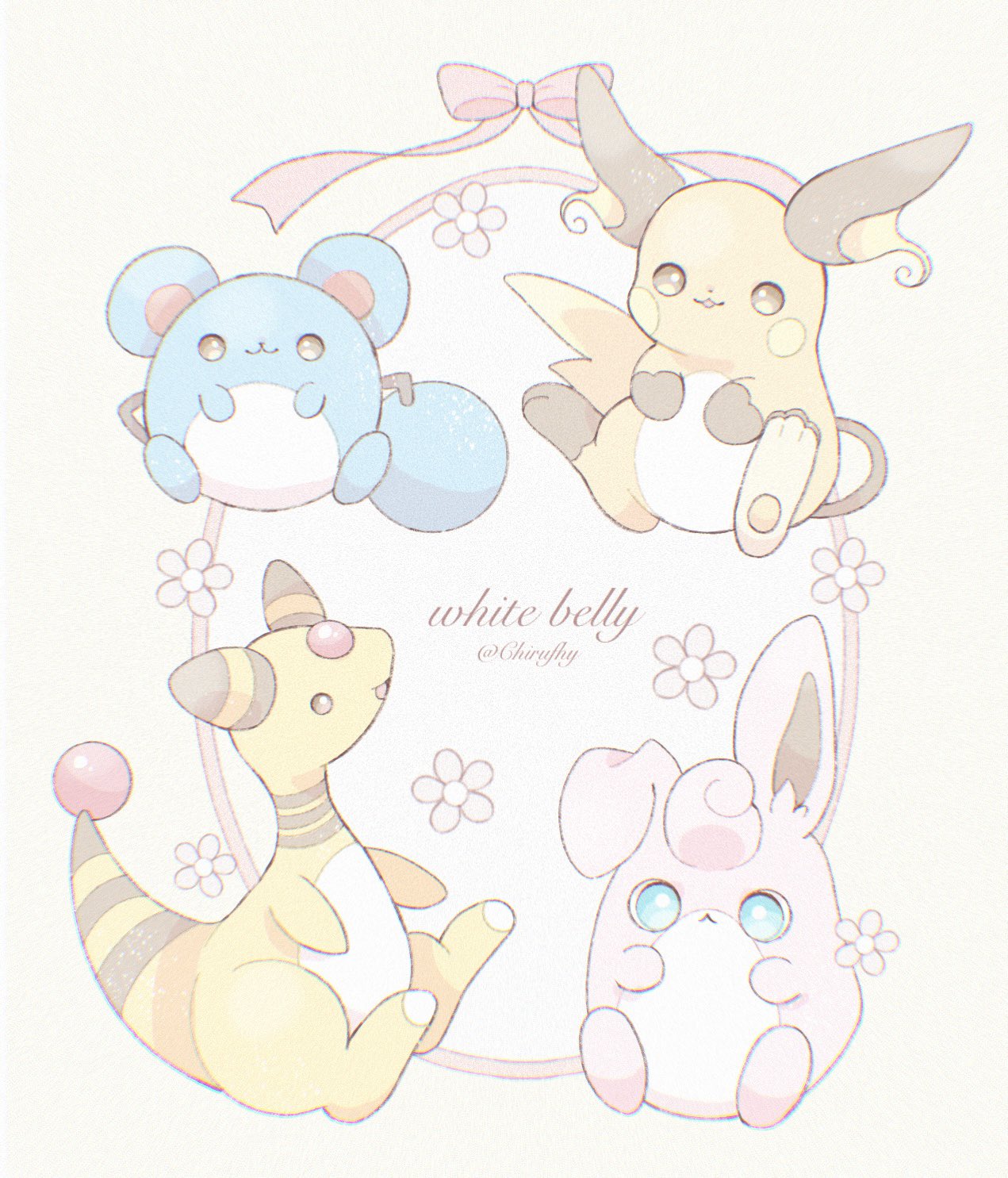 :3 ampharos blue_eyes brown_eyes closed_mouth commentary_request english_text floral_background highres marill no_humans one_(chirufhy) open_mouth pink_ribbon pokemon pokemon_(creature) raichu ribbon sitting wigglytuff yellow_background