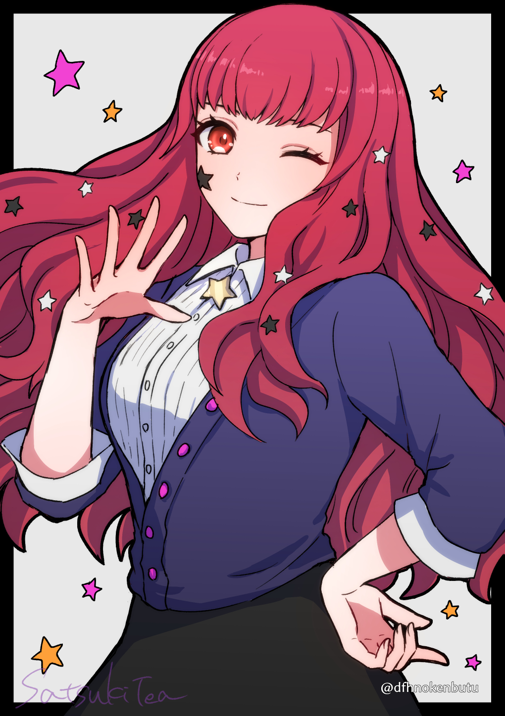 1girl buttons casual collared_shirt dfhnokenbutu facial_mark fire_emblem fire_emblem_engage hair_ornament highres long_hair looking_at_viewer official_alternate_costume one_eye_closed red_eyes redhead shirt sidelocks smile solo star_(symbol) star_facial_mark star_hair_ornament sweater very_long_hair wavy_hair white_shirt white_wrist_cuffs wrist_cuffs yunaka_(fire_emblem)