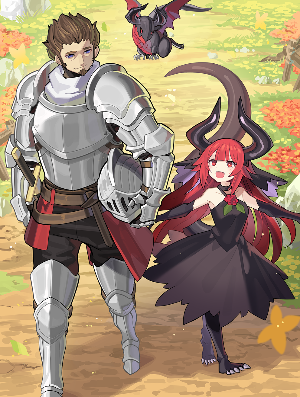 1boy 1girl armor armpits blush breastplate breasts brown_hair commentary dragon dragon_girl dragon_horns dragon_tail dress facial_hair falken_(yutozin) fang fantasy flower goatee greaves halter_dress halterneck happy helmet highres holding_hands horns knight long_hair looking_at_another looking_to_the_side looking_up mini_dragon open_mouth original path pauldrons red_eyes redhead shoulder_armor size_difference small_breasts smile sword tail violet_eyes walking weapon