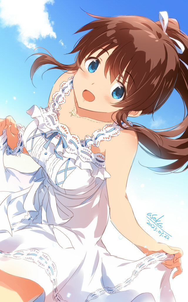 1girl :d artist_name asoka blue_eyes blue_ribbon blush bow breasts brown_hair clouds cloudy_sky collarbone dated day dress frilled_dress frills hair_bow holding holding_clothes holding_skirt idolmaster idolmaster_million_live! idolmaster_million_live!_theater_days jewelry leaning_forward looking_at_viewer medium_breasts necklace open_mouth ponytail ribbon satake_minako sidelocks skirt sky smile solo white_dress white_ribbon white_wristband