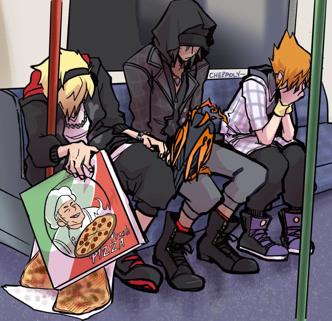 3boys artist_name bitou_daisukenojou black_footwear blonde_hair boots cheppo covering_face dark-skinned_male dark_skin derivative_work food fresh_pizza_girl_meets_raven_girl_(meme) headband hood jewelry male_focus meme minamimoto_shou multiple_boys necklace noise_(twewy) orange_hair pizza pizza_box pole sakuraba_neku shin_subarashiki_kono_sekai shoes sitting sneakers subarashiki_kono_sekai subway wristband yellow_wristband