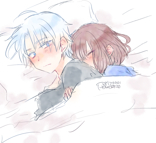 1boy 1girl arle_nadja bed_sheet blue_eyes blush brown_hair closed_eyes commentary_request hetero madou_monogatari on_bed puyopuyo ri25to schezo_wegey short_hair white_hair