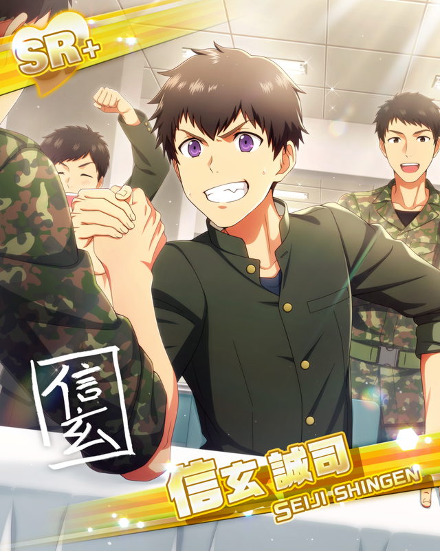 4boys aged_down arm_warmers belt breast_pocket brown_eyes brown_hair buttons card_(medium) character_name closed_eyes fingernails idolmaster idolmaster_side-m indoors male_focus military military_uniform multiple_boys official_art pocket shingen_seiji single_arm_warmer sleeves_rolled_up sweat table teeth uniform upper_teeth_only v-shaped_eyebrows
