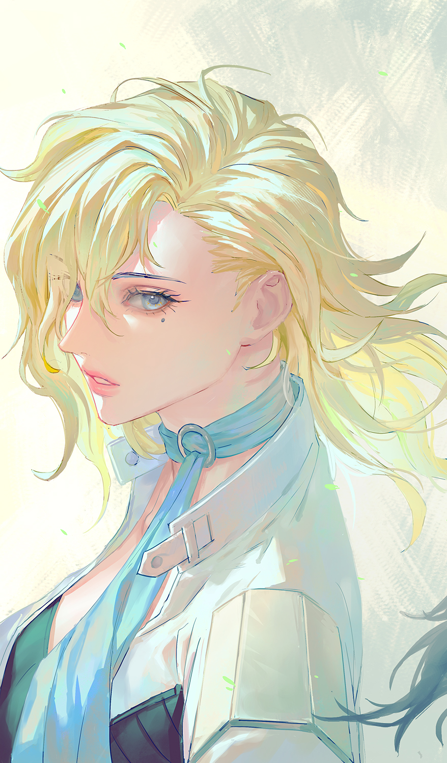 1girl black_bra blonde_hair blue_eyes blue_scarf bra collarbone floating_hair highres hiroko jacket light long_hair looking_to_the_side mole mole_under_eye o_c_x parted_lips portrait scarf shin_megami_tensei shin_megami_tensei_ii shoulder_pads simple_background solo underwear white_background white_jacket