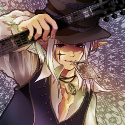 1boy belt brown_headwear card_in_mouth closed_mouth clown_(ragnarok_online) collared_shirt commentary_request cross_tattoo facial_tattoo gobaku_no_hito guitar hat_belt holding holding_instrument instrument long_hair looking_at_viewer lowres male_focus mouth_hold pointy_ears purple_belt purple_vest ragnarok_online shirt sidelocks smile solo tattoo upper_body vest white_hair white_shirt