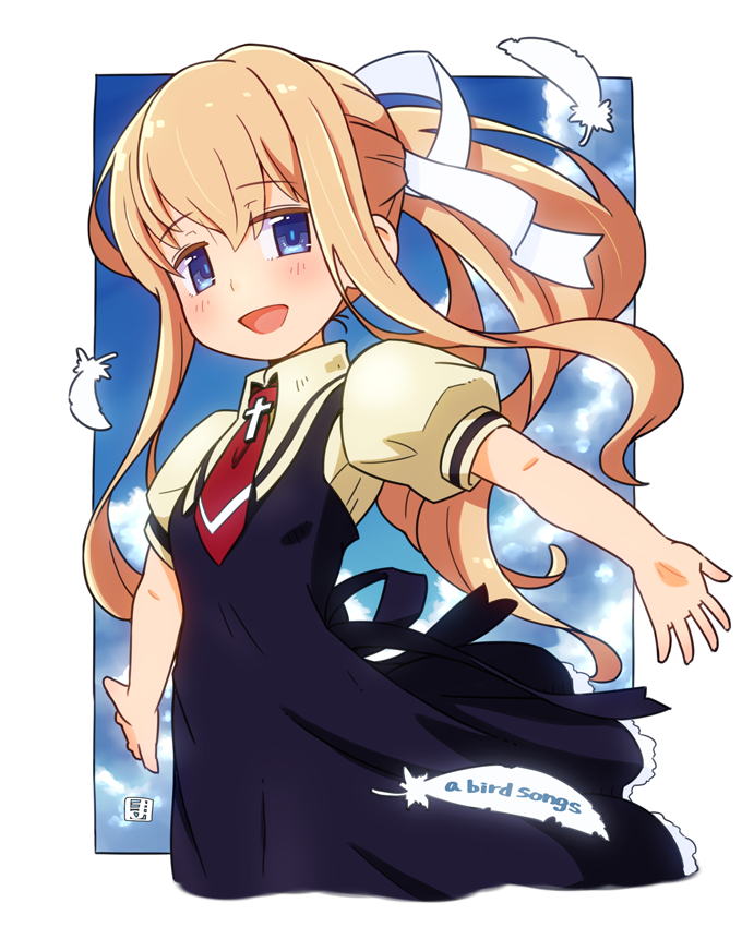 1girl :d air_(visual_novel) black_dress blonde_hair blue_eyes blue_sky blush brown_shirt clouds collared_shirt day dress english_text feathers hair_between_eyes hair_ribbon kamio_misuzu looking_at_viewer mawaru_(mawaru) necktie outstretched_arms ponytail puffy_short_sleeves puffy_sleeves red_necktie ribbon shirt short_necktie short_sleeves sky sleeveless sleeveless_dress smile solo white_feathers white_ribbon