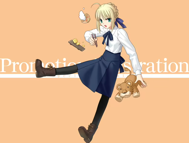 1girl ahoge artoria_pendragon_(fate) black_pantyhose blonde_hair blouse blue_skirt boots bowl braid brown_footwear chopsticks english_text fate/hollow_ataraxia fate/stay_night fate_(series) green_eyes hair_bun hair_ribbon holding holding_chopsticks lion neck_ribbon orange_background pantyhose ribbon rice rice_bowl saber shirt single_hair_bun skirt solo sweatdrop takeuchi_takashi white_shirt