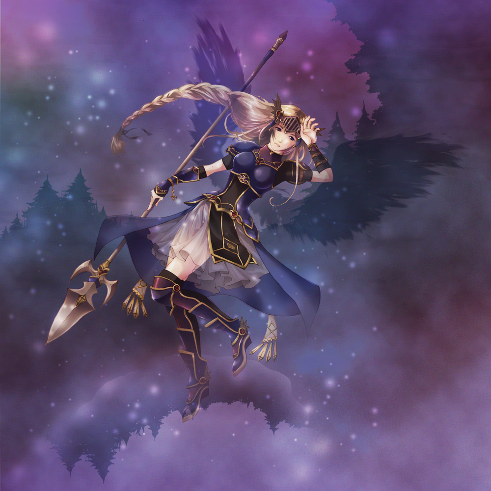 1girl armor armored_boots armored_dress black_wings blonde_hair boobplate boots braid closed_mouth commentary_request dress feathered_wings full_body gobaku_no_hito holding holding_polearm holding_weapon long_hair pauldrons petticoat polearm purple_background purple_dress ragnarok_online shoulder_armor single_braid solo spear valkyrie valkyrie_randgris vambraces very_long_hair visor_(armor) weapon wings