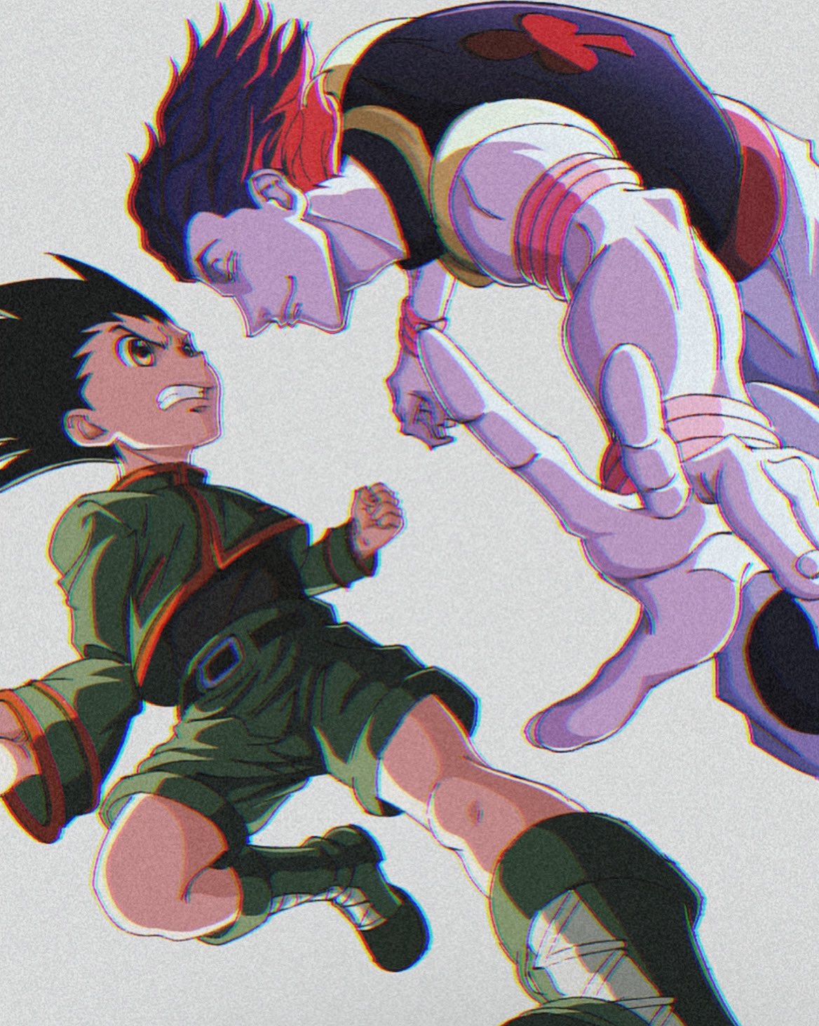 2boys black_hair duel enoki_(gongindon) facepaint foreshortening frown full_body gon_freecss green_shorts hair_slicked_back highres hisoka_morow hunter_x_hunter male_child male_focus multiple_boys official_alternate_costume outstretched_arms outstretched_hand reaching_towards_viewer redhead serious short_hair shorts simple_background sleeveless smile spiky_hair yellow_eyes