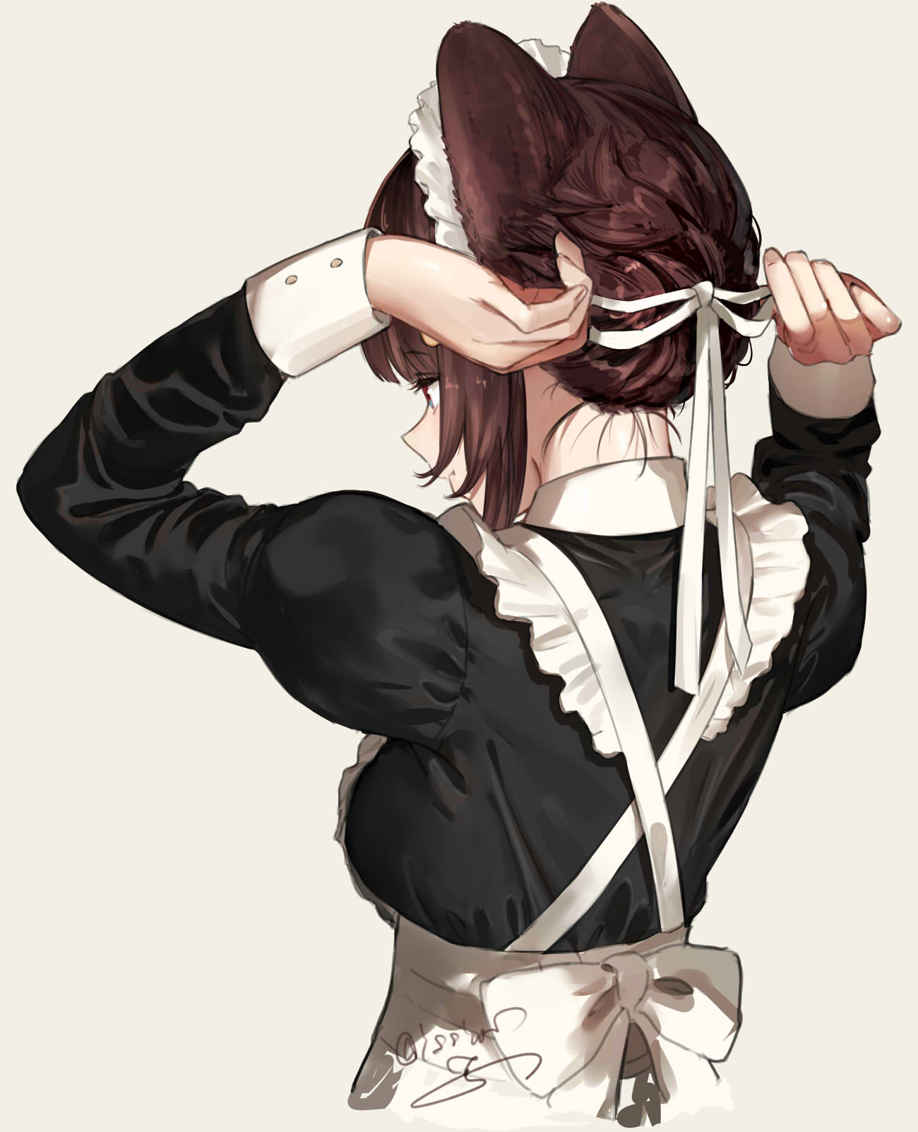 1girl animal_ears apron arms_up black_dress breasts brown_hair closed_mouth commentary cropped_torso dog_ears dress fang fang_out from_behind grey_background hair_ribbon highres inui_toko isshiki_(ffmania7) juliet_sleeves long_sleeves maid_apron maid_headdress nijisanji puffy_sleeves red_eyes ribbon short_hair signature simple_background small_breasts smile solo symbol-only_commentary upper_body virtual_youtuber