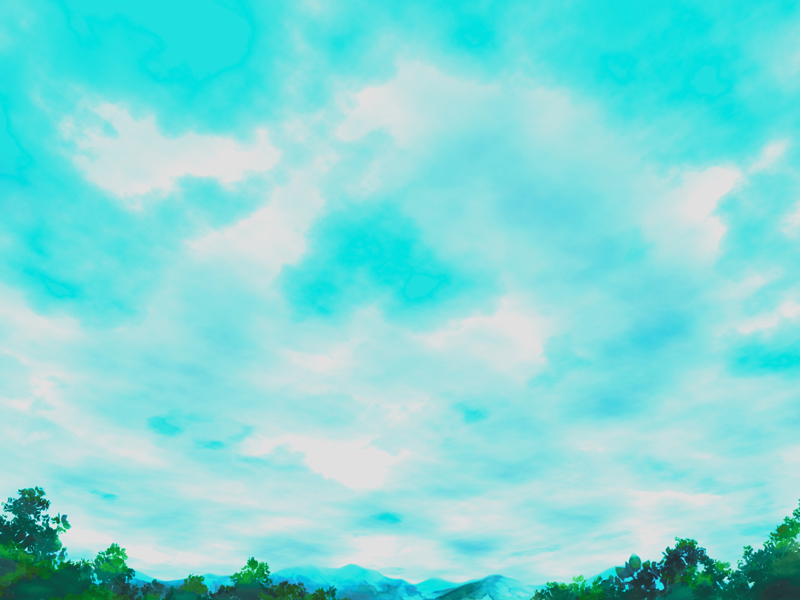 blue_sky clouds commentary_request forest gobaku_no_hito mountainous_horizon nature no_humans original outdoors scenery sky tree