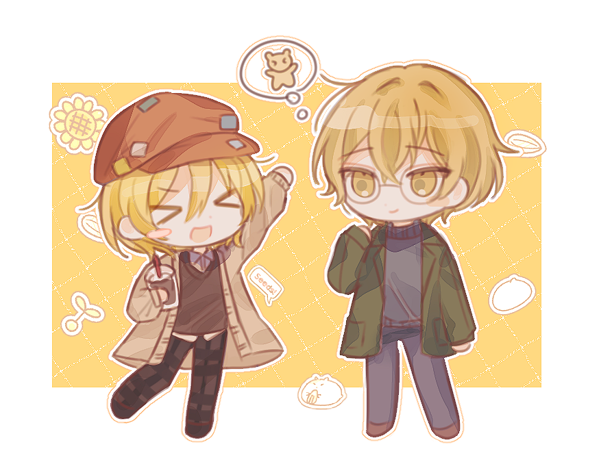 &gt;_&lt; 1boy 1girl arm_up blonde_hair blush_stickers brown_coat brown_headwear brown_pants brown_vest chibi closed_eyes coat collared_shirt commentary_request creammoonn crossed_bangs cup don_quixote_(limbus_company) glasses green_jacket grey_pants grey_sweater hair_between_eyes hat holding holding_cup jacket korean_commentary limbus_company long_sleeves open_clothes open_coat open_jacket open_mouth pants plaid plaid_pants project_moon round_eyewear shirt short_hair sinclair_(limbus_company) sweater turtleneck turtleneck_sweater vest white_shirt yellow_eyes