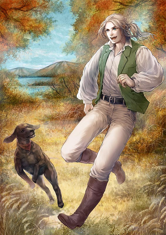 1boy :d americana_dawn artist_request autumn belt boots brown_footwear day foster_(americana_dawn) green_eyes green_vest long_hair long_sleeves lucille_(americana_dawn) official_art outdoors pants puffy_long_sleeves puffy_sleeves running shirt smile tree vest water white_shirt