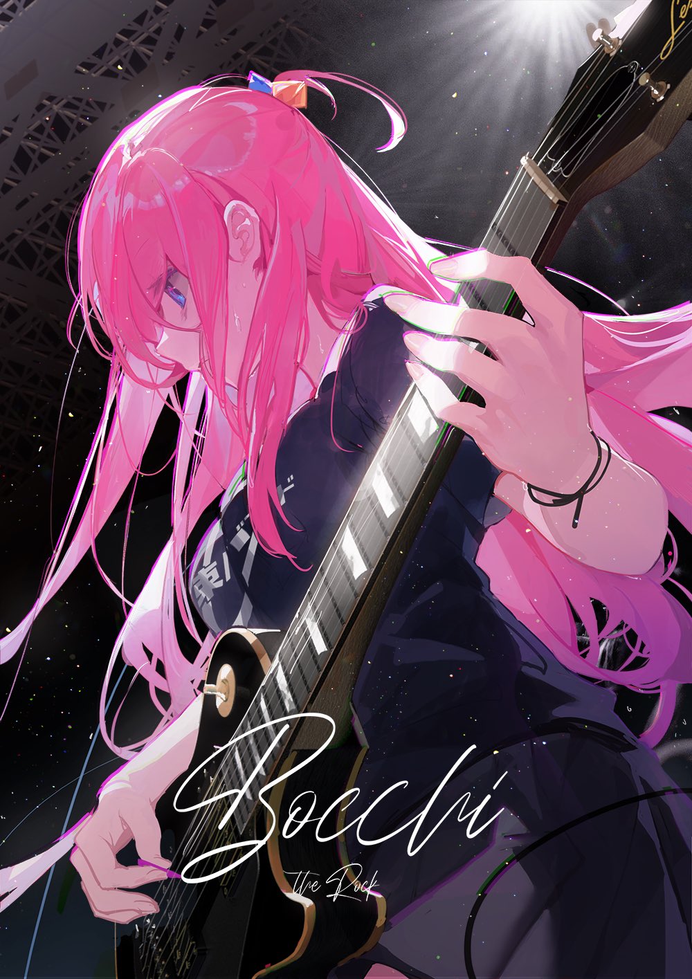 1girl black_shirt blue_eyes bocchi_the_rock! breasts closed_mouth clothes_writing copyright_name cube_hair_ornament english_text fingernails gotou_hitori guitar hair_between_eyes hair_ornament hand_up highres holding holding_instrument instrument kuroduki_(pieat) light long_fingernails long_hair looking_to_the_side medium_breasts music pink_hair playing_instrument purple_skirt shirt short_sleeves skirt solo stage stage_lights standing sweat t-shirt