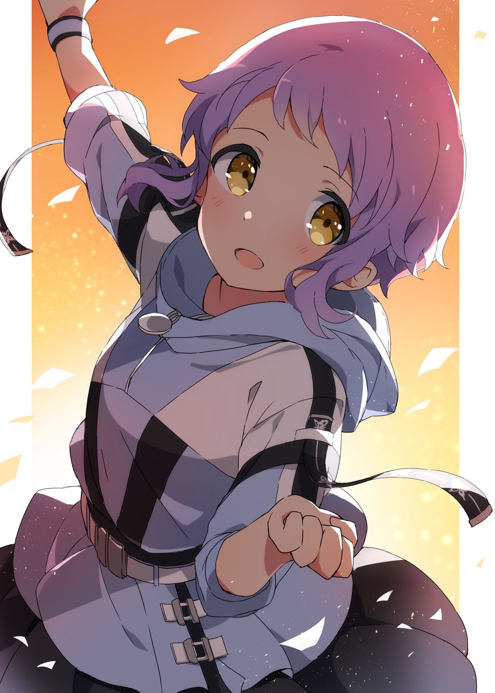 1girl arm_up belt black_skirt blue_jacket blush border clenched_hand commentary_request dot_nose hand_up highres hood hooded_jacket idolmaster idolmaster_million_live! idolmaster_million_live!_theater_days jacket long_sleeves looking_back makabe_mizuki mochigome_(ununquadium) open_mouth orange_background shadow short_hair sidelocks skirt smile solo upper_body wavy_hair white_belt white_border wristband yellow_eyes zipper_pull_tab